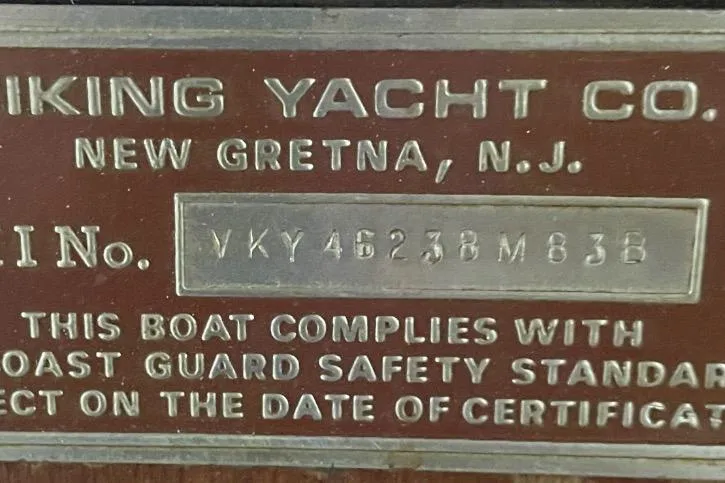  Yacht Photos Pics 1983 Viking Boats Sportfish 46 Sedan Bridge compliance plate, New Gretna, NJ, with VIN.