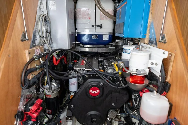 Das Boot Yacht Photos Pics Engine compartment of a 2020 Bavaria C57 yacht, showcasing intricate mechanical components.