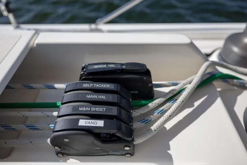 Das Boot Yacht Photos Pics Sailing rigging controls on a 2020 Bavaria C57 yacht, featuring labeled clutches and ropes.