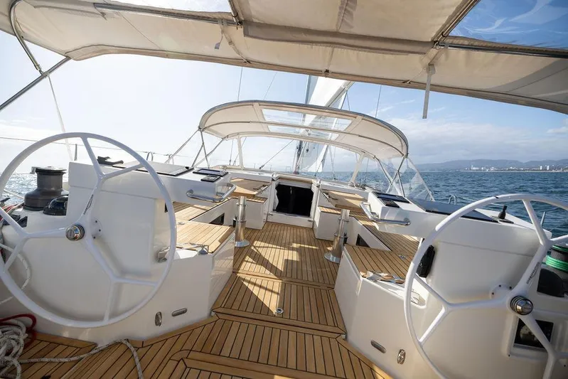 Das Boot Yacht Photos Pics Luxurious 2020 Bavaria C57 yacht deck with dual steering wheels and ocean view.