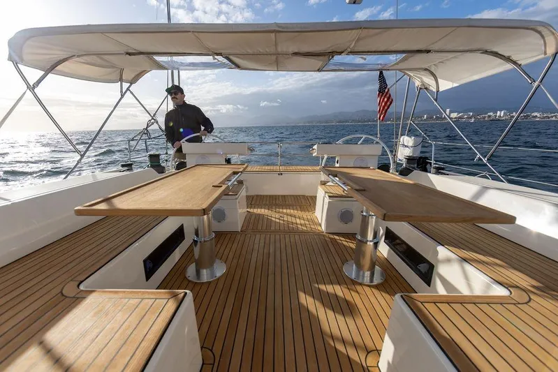 Das Boot Yacht Photos Pics Luxurious 2020 Bavaria C57 yacht with spacious deck and elegant wooden tables at sea.