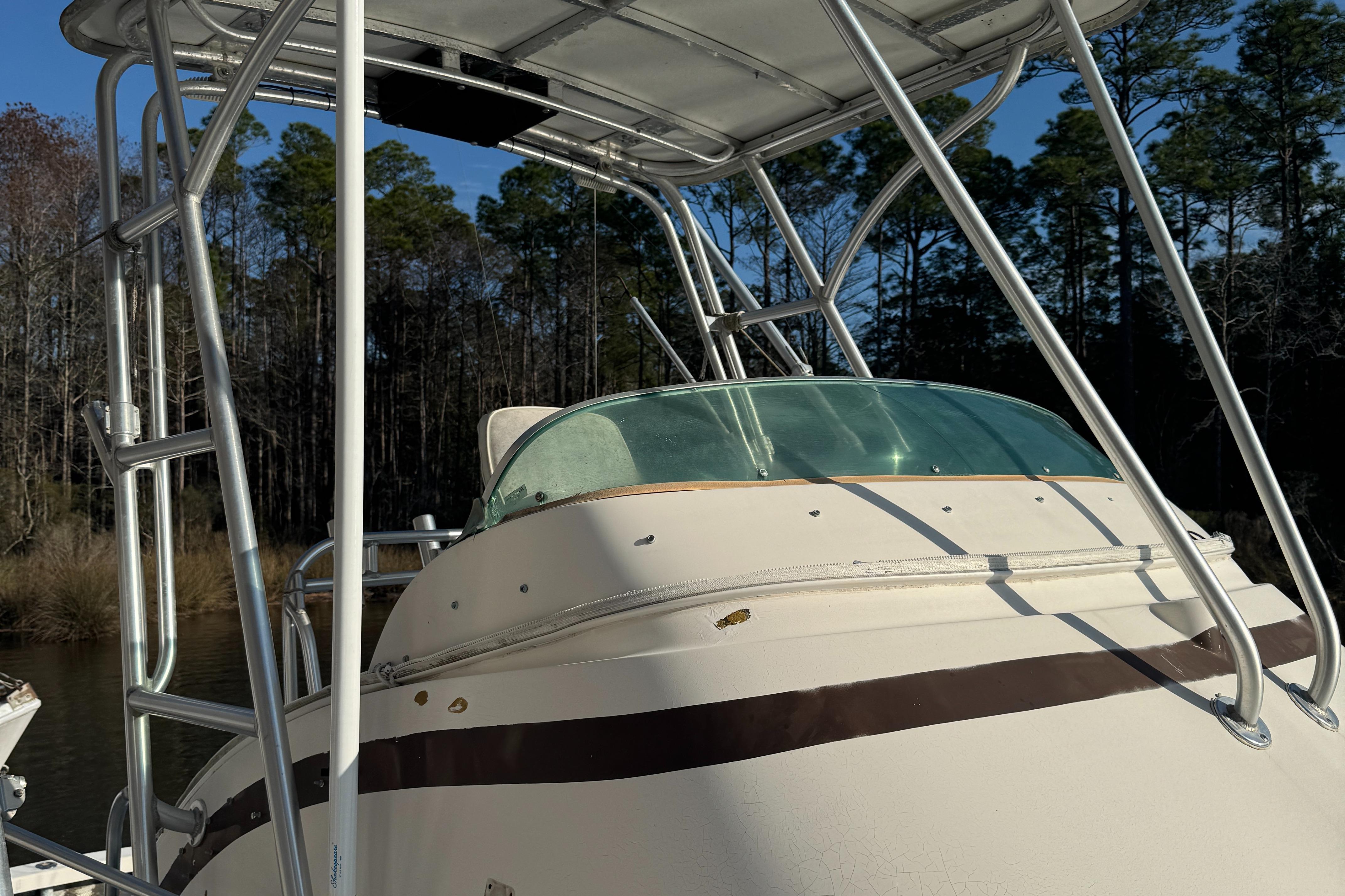 1974 Bertram 31 Flybridge boat with metal framework, docked near a forested shoreline.