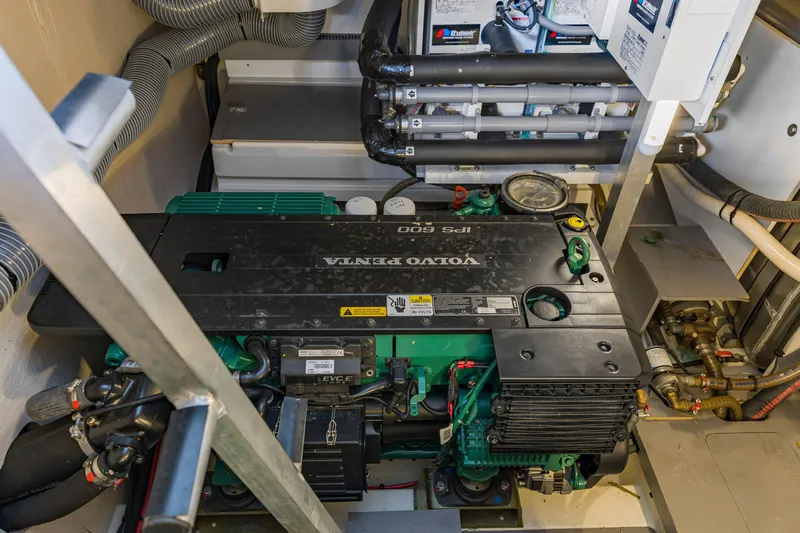  Yacht Photos Pics Engine room of a 2017 Prestige 500 yacht featuring a Volvo Penta IPS 600 engine.