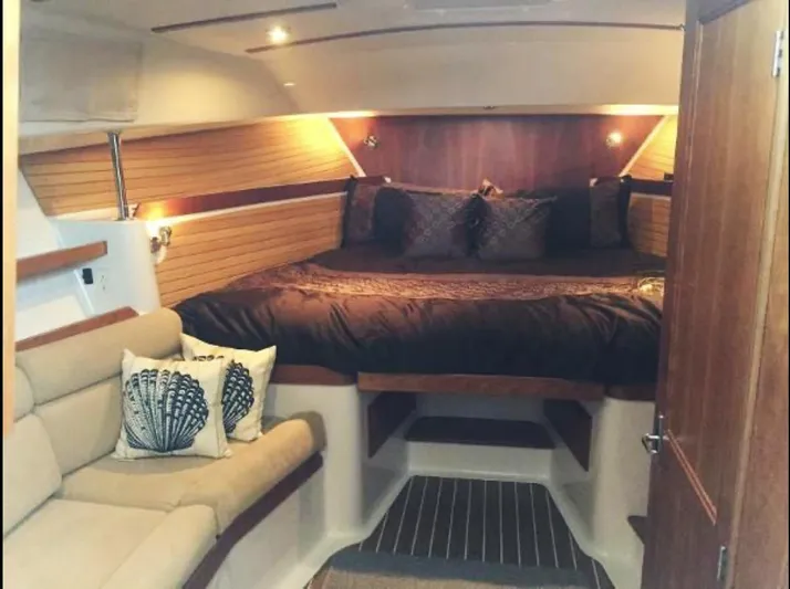 Dragonfly Yacht Photos Pics Luxurious cabin interior of 2007 Back Cove 33 yacht with cozy bed and seating area.