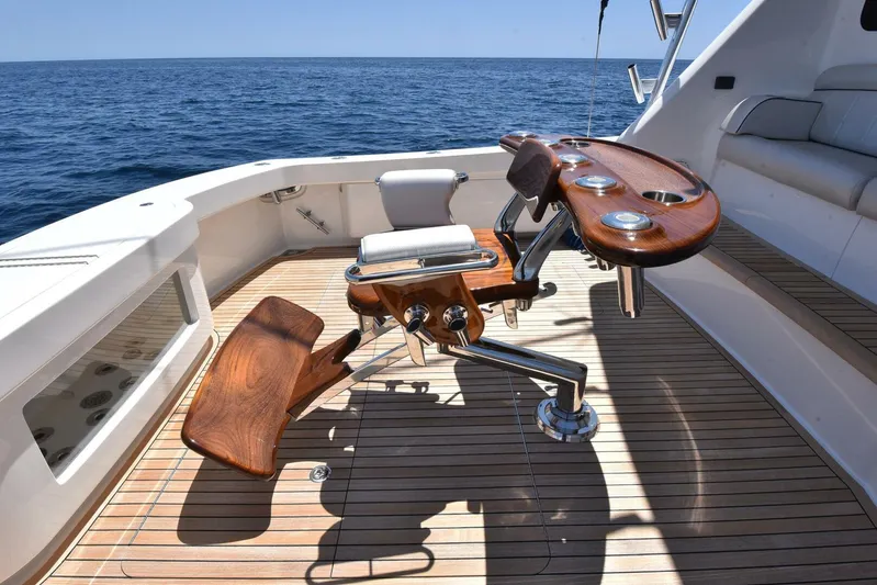 Lena Maria Yacht Photos Pics 2020 Viking 58 Convertible yacht deck with fishing chair and ocean view.