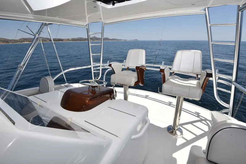Lena Maria Yacht Photos Pics Flybridge of 2020 Viking 58 Convertible yacht with ocean view and seating.