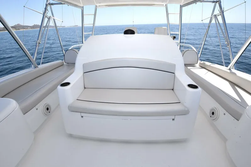 Lena Maria Yacht Photos Pics 2020 Viking 58 Convertible yacht seating area with ocean view.
