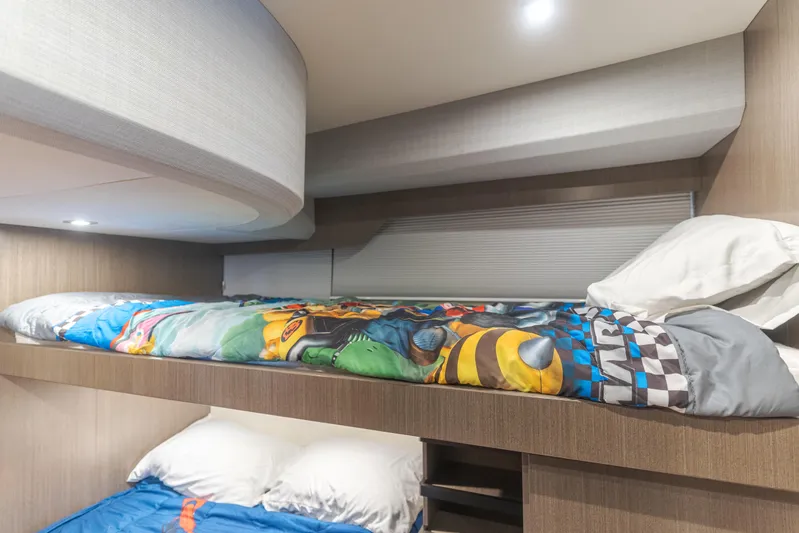 Saigon Yacht Photos Pics Bunk beds in 2023 OKEAN 52 Fly yacht cabin with colorful bedding.