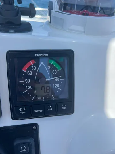 Encore Yacht Photos Pics Raymarine display on 2020 Bali 4.1 yacht dashboard showing wind angle and speed.