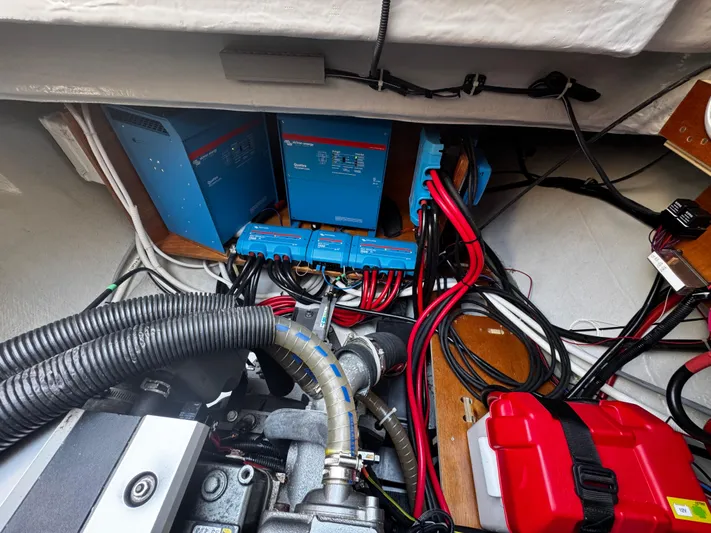 Samcat Yacht Photos Pics Electrical system setup in a 2020 Lagoon 46 yacht, featuring wiring and equipment.