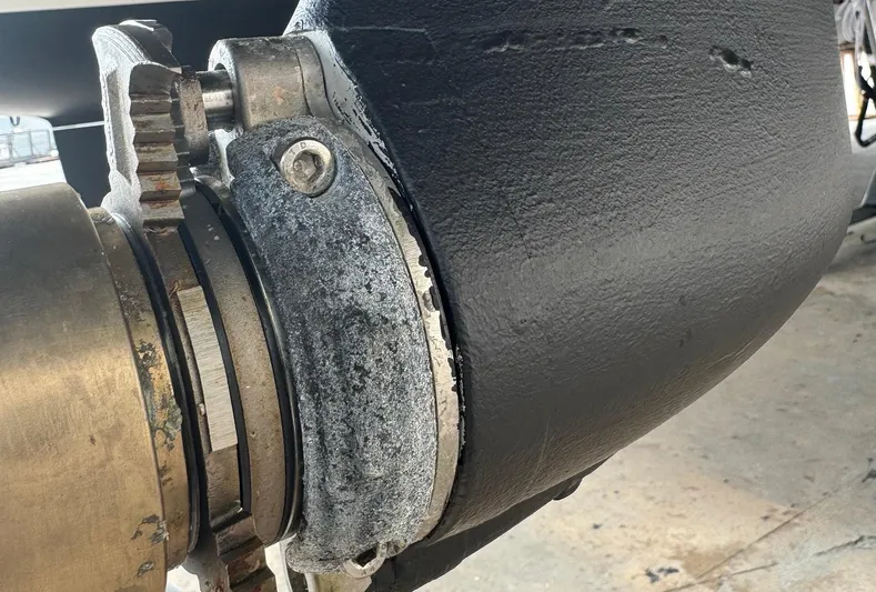 Samcat Yacht Photos Pics Close-up of a 2020 Lagoon 46 boat's mechanical component, showing metal gears and fittings.