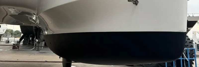 Samcat Yacht Photos Pics Lagoon 46 catamaran hull, 2020 model, in dry dock for maintenance.