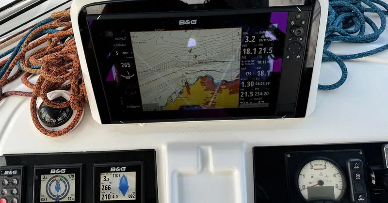 Samcat Yacht Photos Pics Navigation equipment on a 2020 Lagoon 46 catamaran with ropes and digital displays.