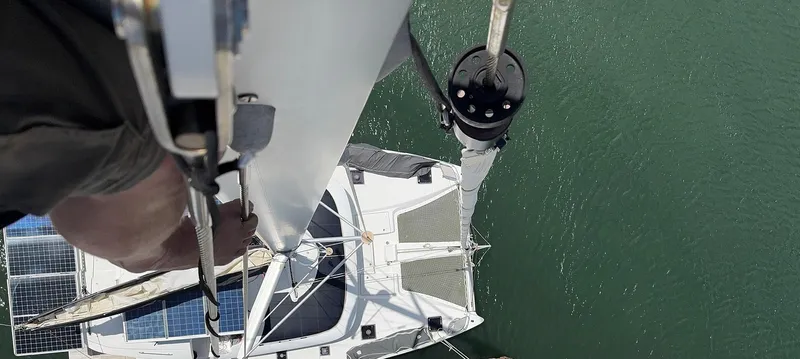 Samcat Yacht Photos Pics Aerial view of 2020 Lagoon 46 catamaran with solar panels on deck.