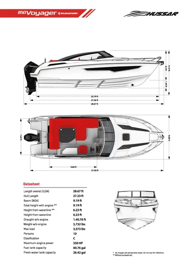 Ocean Phantom Yacht Photos Pics 2023 Hussar 850 Voyager boat specifications and design layout with dimensions and features.