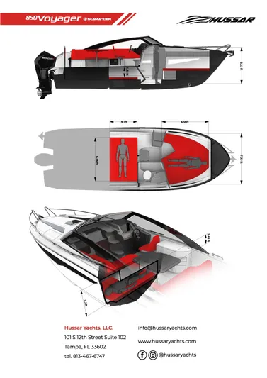 Ocean Phantom Yacht Photos Pics Diagram of 2023 Hussar 850 boat design with interior layout and dimensions.