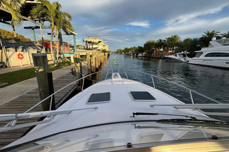  Yacht Photos Pics 2003 Grady-White Express 330 docked in a scenic marina with palm trees.