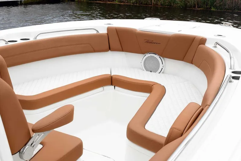  Yacht Photos Pics Manufacturer Provided Image: Luxurious seating on 2025 Pioneer 270 Pelagic boat, featuring tan cushions and sleek design.