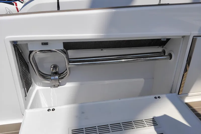  Yacht Photos Pics 2024 VanDutch 40 yacht storage compartment with stainless steel fittings.