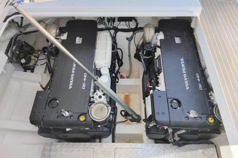  Yacht Photos Pics Engine compartment of 2024 VanDutch 40 with dual Volvo Penta D6-440 engines.