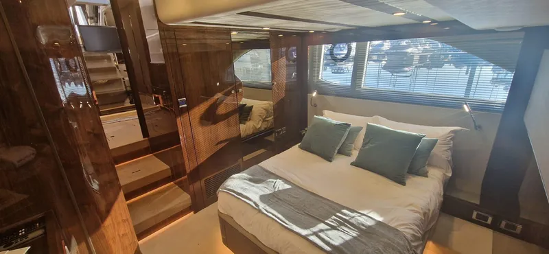 In Stock Yacht Photos Pics Luxurious interior of 2025 Fairline Targa 45 Open yacht bedroom with modern design.