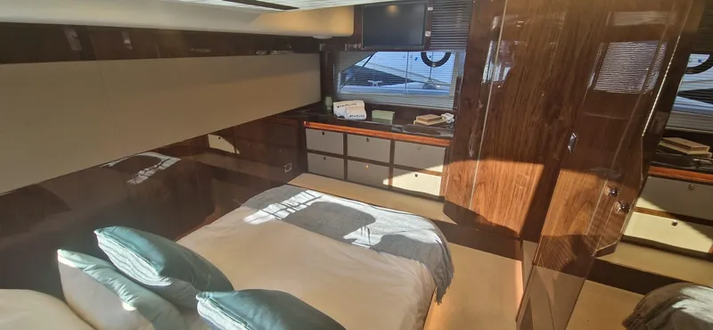 In Stock Yacht Photos Pics Luxurious cabin interior of 2025 Fairline Targa 45 Open yacht with modern furnishings.