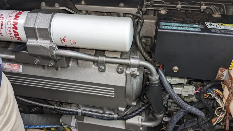 Sea Ranger Yacht Photos Pics Close-up of a 2008 Sabre 34 Express engine compartment with Yanmar parts.