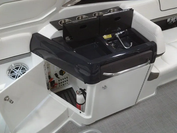 Banchors Ours Yacht Photos Pics 2018 Formula 310 Bowrider boat interior with sink and storage compartment.