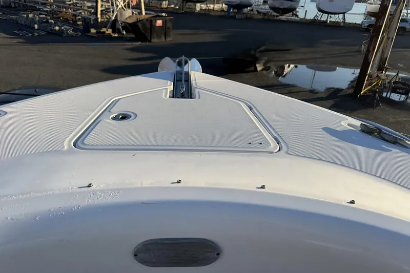 Fansea Pantz Yacht Photos Pics Bow view of 2019 HCB 39 Speciale boat in a marina setting.