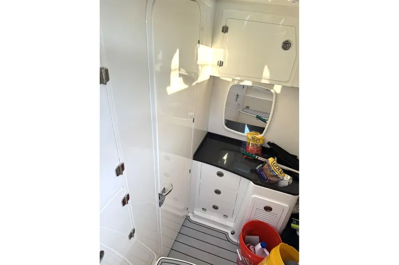 Fansea Pantz Yacht Photos Pics Interior of 2019 HCB 39 Speciale boat with storage cabinets and countertop.