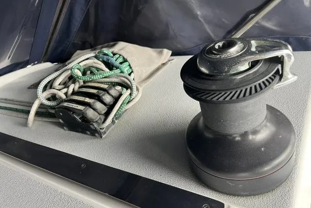 G Force Yacht Photos Pics Deck of 2004 J Boats J/133 with winch and coiled ropes.