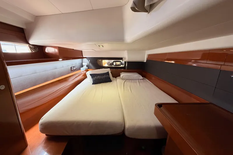 Gazelle II Yacht Photos Pics Luxurious cabin interior of 2015 Beneteau Oceanis Yacht 60 with double bed.