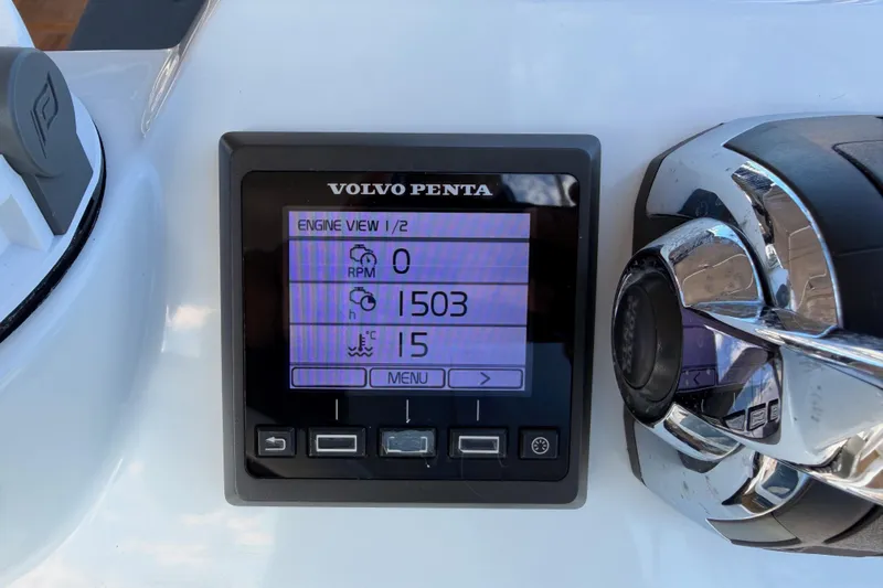 Gazelle II Yacht Photos Pics Volvo Penta engine display on 2015 Beneteau Oceanis Yacht 60, showing RPM and temperature.