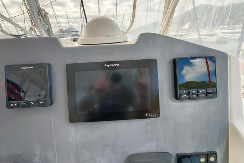 Old Marblehead Yacht Photos Pics Control panel of a 2019 Leopard 50 yacht with Raymarine displays.