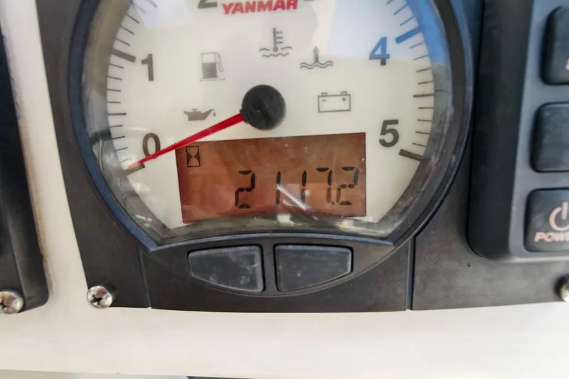 Old Marblehead Yacht Photos Pics Close-up of a Yanmar engine gauge on a 2019 Leopard 50 boat.