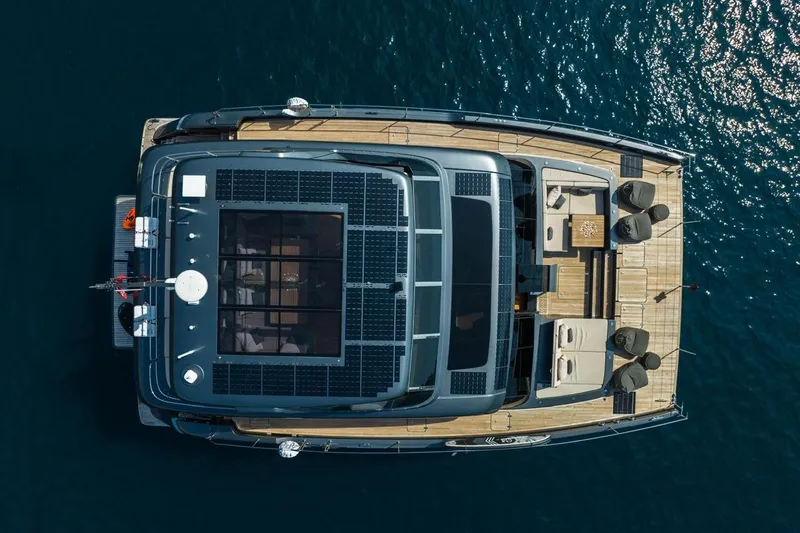 Double Happiness Yacht Photos Pics Overhead view of 2024 Sunreef 60 Sunreef Power Eco yacht with solar panels.