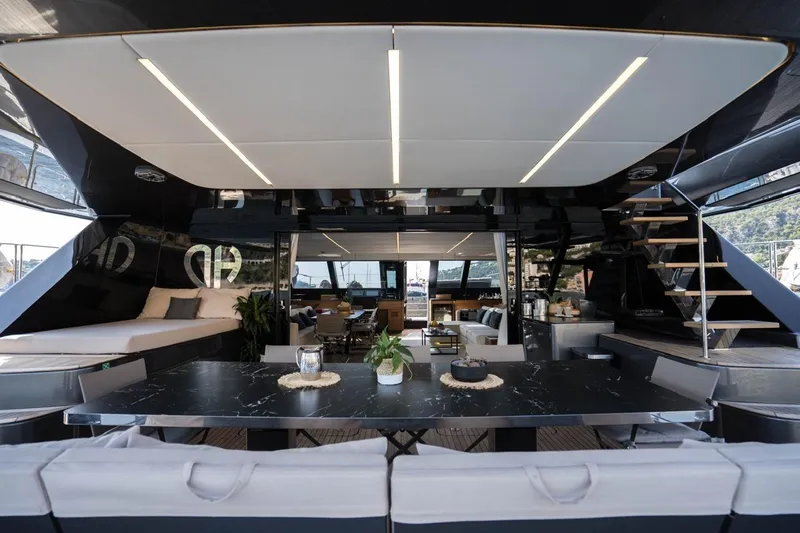 Double Happiness Yacht Photos Pics Luxurious interior of 2024 Sunreef 60 Sunreef Power Eco yacht with modern design elements.