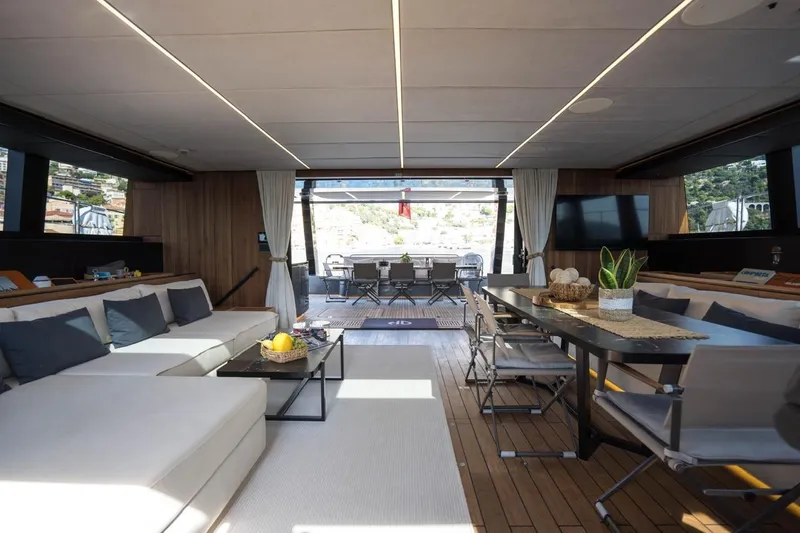 Double Happiness Yacht Photos Pics Luxurious interior of 2024 Sunreef 60 Sunreef Power Eco yacht with modern furnishings.