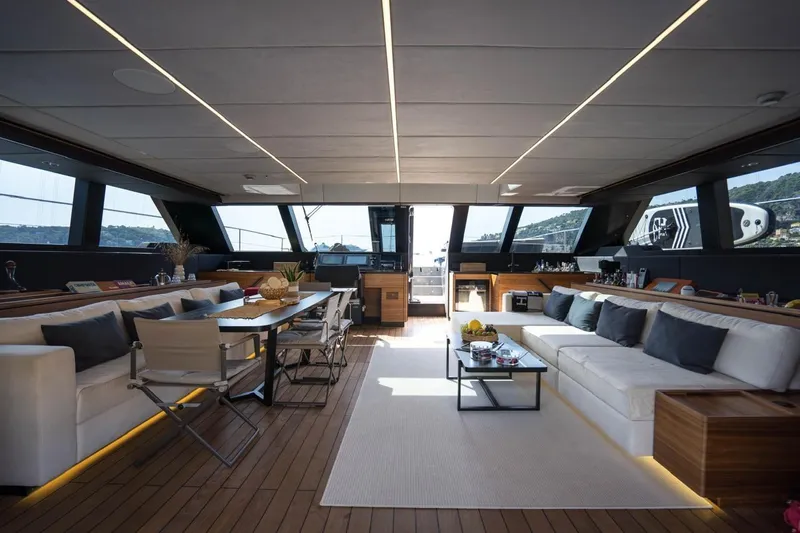 Double Happiness Yacht Photos Pics Luxurious interior of 2024 Sunreef 60 Sunreef Power Eco yacht with modern furnishings.