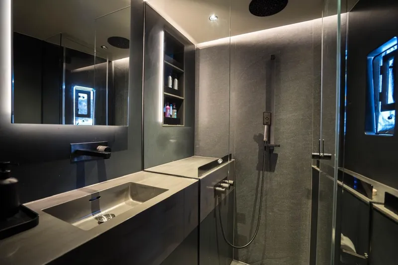 Double Happiness Yacht Photos Pics Luxurious bathroom interior of 2024 Sunreef 60 Sunreef Power Eco yacht.