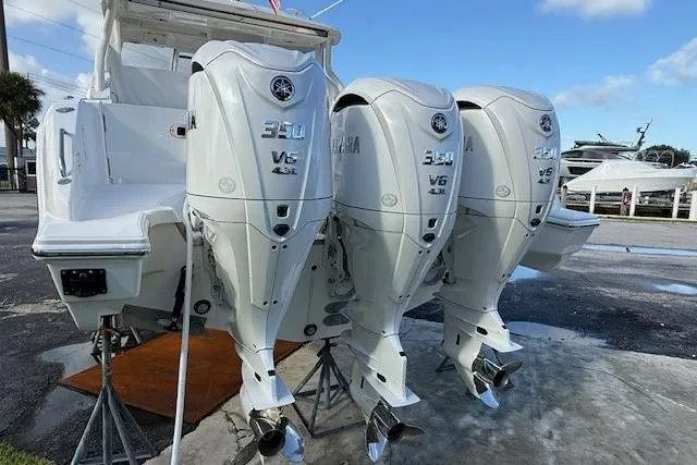  Yacht Photos Pics 2025 Pursuit DC 365 Dual Console with triple Yamaha 350 V6 outboard engines.