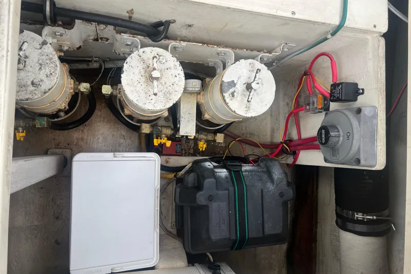 Semper Fi Yacht Photos Pics Engine compartment of a 2004 Sabre 36 Hardtop Sedan with filters and wiring.