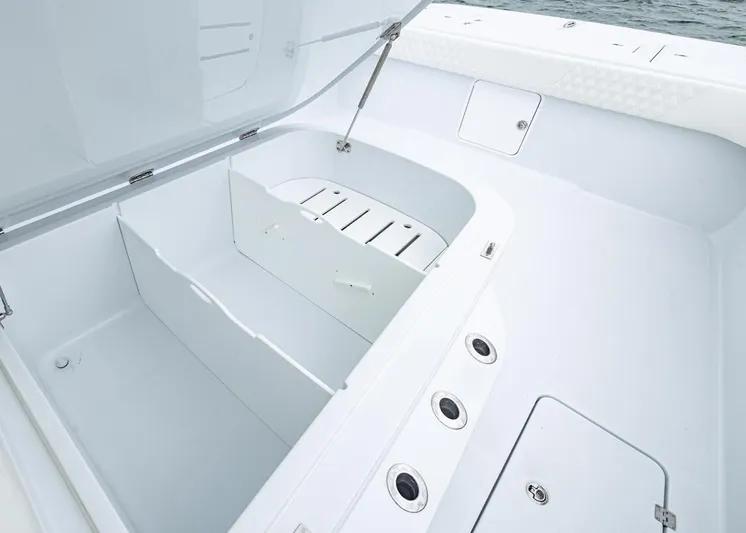 Yacht Photos Pics Spacious storage compartment on 2026 Invincible 40 Catamaran, featuring sleek white design and secure latches.