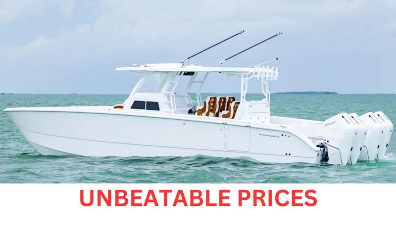  Yacht Photos Pics 2026 Invincible 40 Catamaran on water with "Unbeatable Prices" text.
