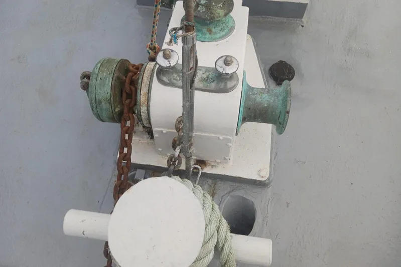 Cloud Chaser Yacht Photos Pics Anchor windlass on 1997 Hike Metal Products 67-foot steel ketch deck.