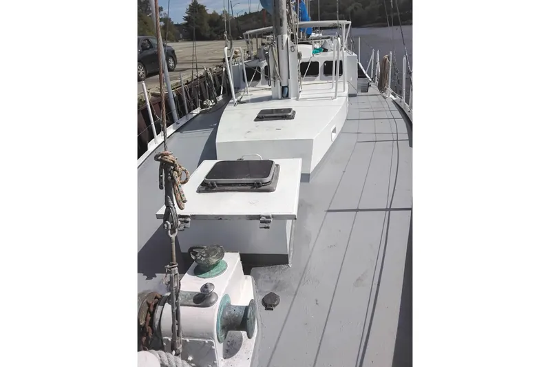 Cloud Chaser Yacht Photos Pics 67-foot steel ketch deck, Hike Metal Products, 1997 model, docked with visible winch.