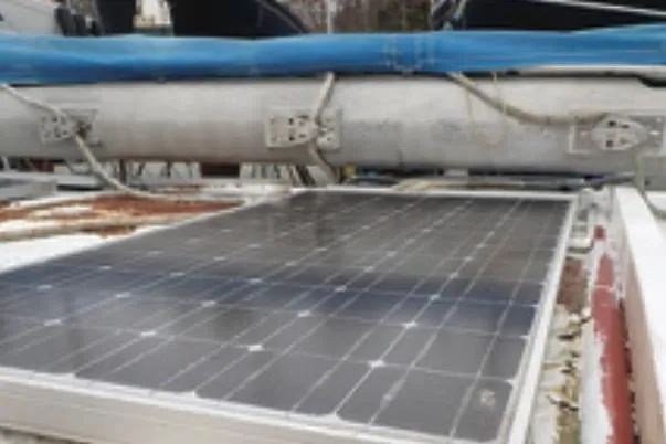 Cloud Chaser Yacht Photos Pics Solar panel on 1997 Hike Metal Products 67-foot steel ketch deck.