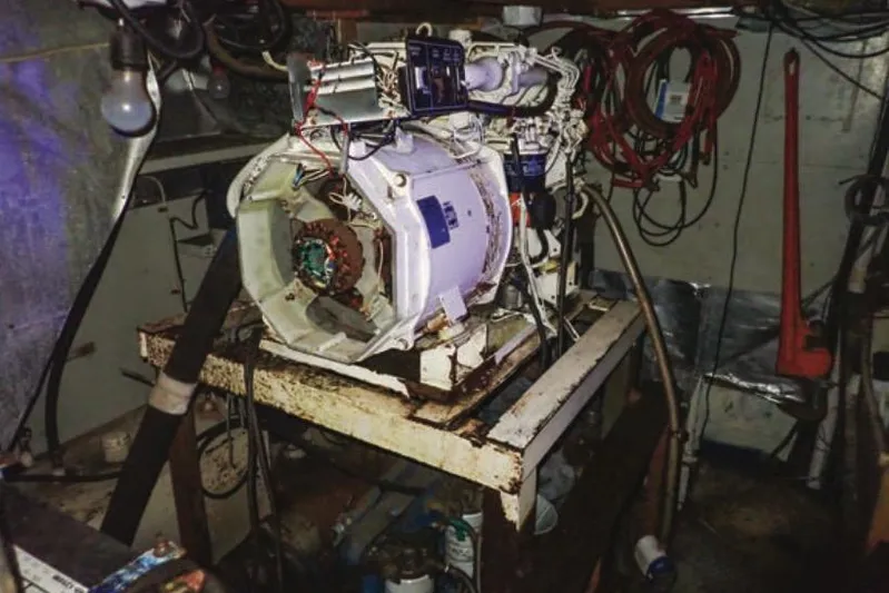 Cloud Chaser Yacht Photos Pics Engine room of a 1997 Hike Metal Products 67-foot steel ketch, showing machinery and wiring.