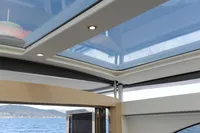 Glass roof interior of 2018 Steeler 52s yacht with ocean view.