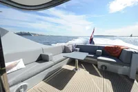 Luxurious 2018 Steeler 52s yacht deck with comfortable seating and ocean view.